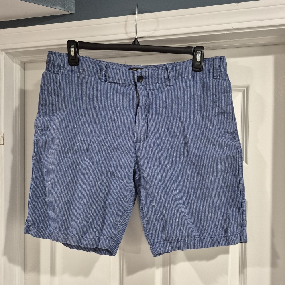 Banana Republic Linen Shorts Mens 36 Blue Stripe Aiden Casual Chino Beach